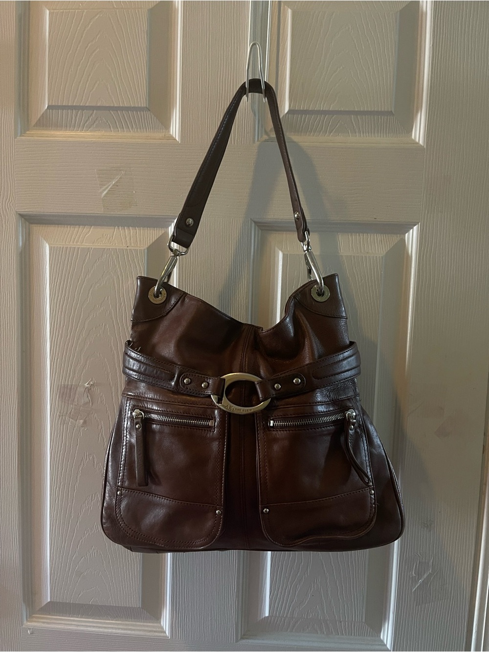 Vintage Anne Klein Brown Leather Shoulder Bag -silver tone buckle accent.